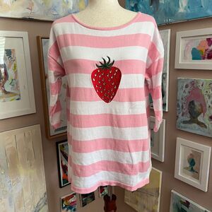 Cottagecore‎ Strawberry bua bua Pink Striped Sweater Cotton Knit Size L Coquette